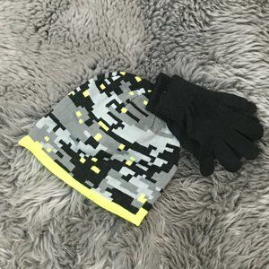 Sears | Boy's Winter Hat and Glove Set | Grey, Black & Neon | Size 4-7 (boys)